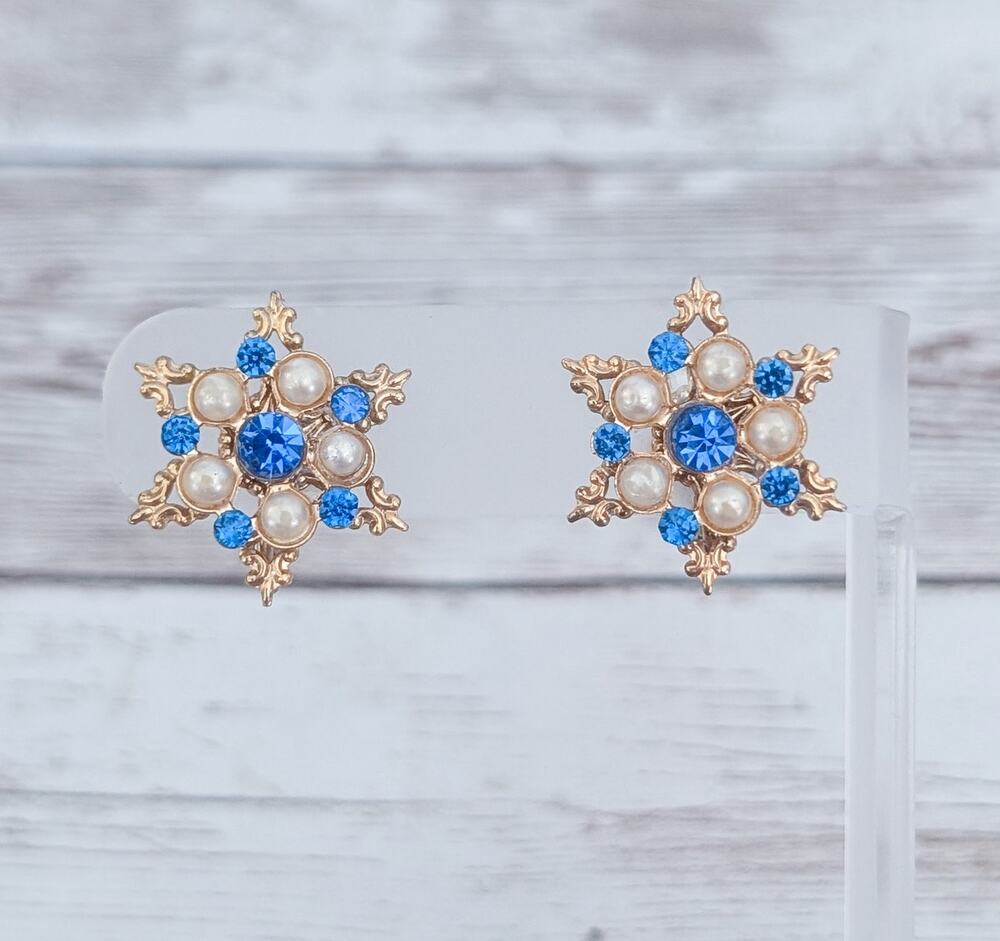 Vintage Screw On Earrings Stunning Bright Blue, Faux Pearl, Gold Tone